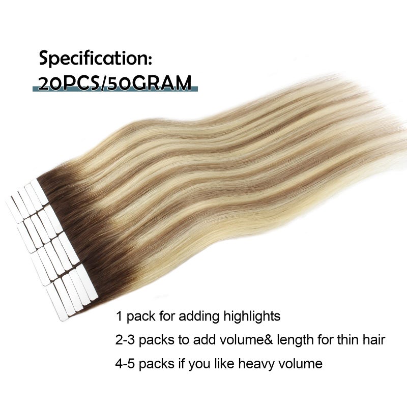 Sassina Tape in Human Hair Extensions Rooted Brown to Blonde Invisible Seamless Skin Weft Human Hair Extensions 18 Inch Double Side Reusable Tape in Extensions 50gram 20pcs #R3-8P/613 - Image 3